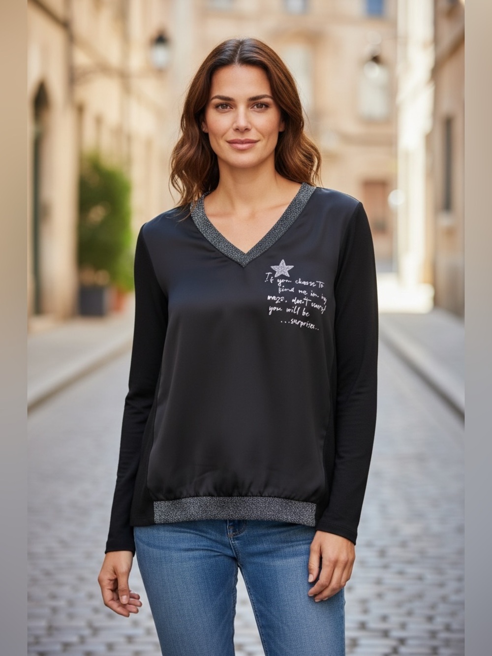 ELISSIA Made in Italy Black V-Neck Blouse - Shimmer Trim & Star Graphic - Size L
